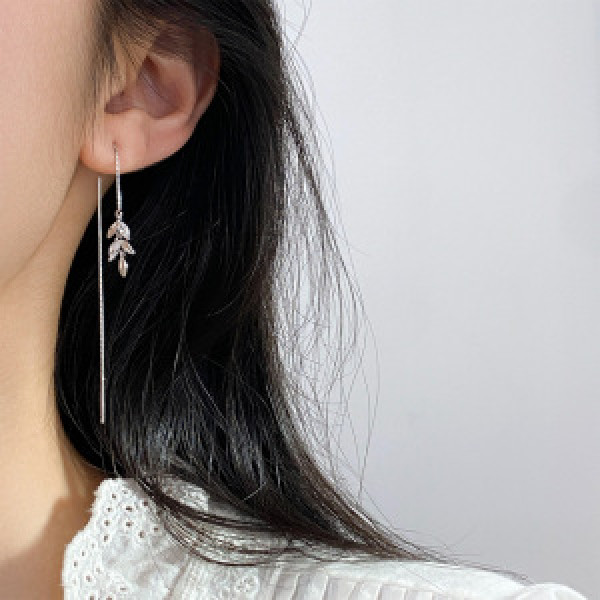 A44538 s925 sterling silver rhinestone tree leaf fringe string stud earrings