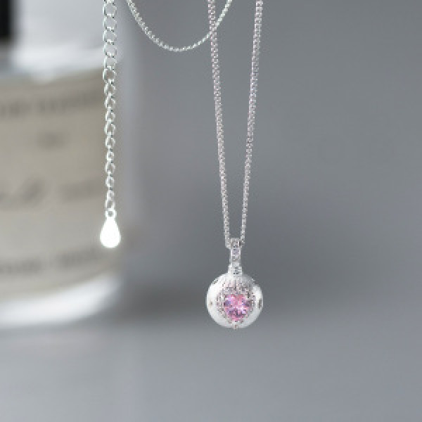 A46414 s925 sterling silver simple pink rhinestone ball heart necklace