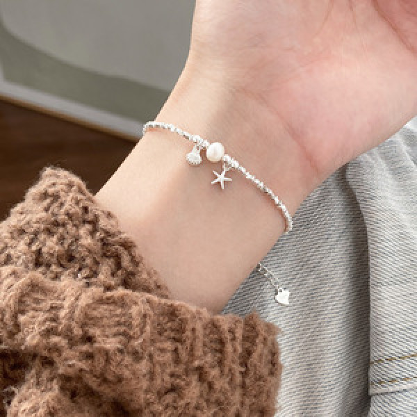A45827 s925 silver trendy sweet natural pearl starfish shell charm bracelet