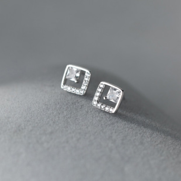 A37423 s925 sterling silver square rhinestone hollowed stud design earrings