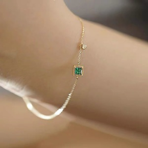 A44183 s925 silver rhinestone square green charm simple elegant bracelet