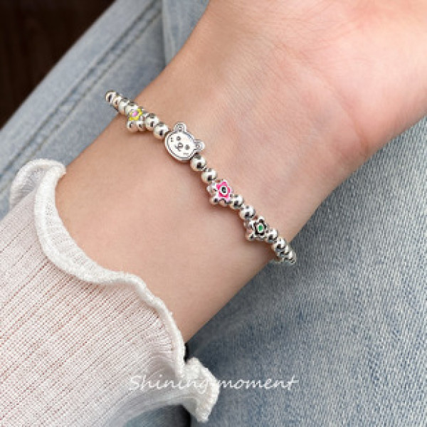 A43135 s925 silver bear flower charm trendy sweet cute bracelet