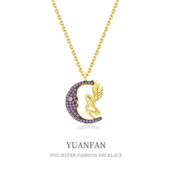 A38632 sterling silver cubic zirconia moon unique necklace