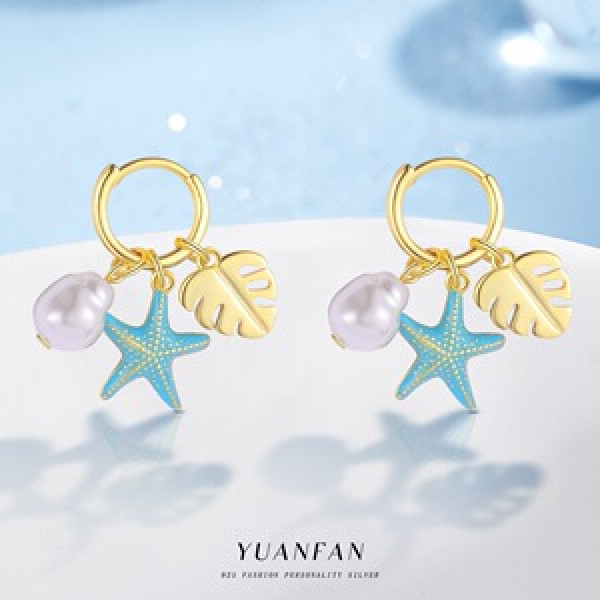 A46333 s925 sterling silver starfish hoop pearl earrings