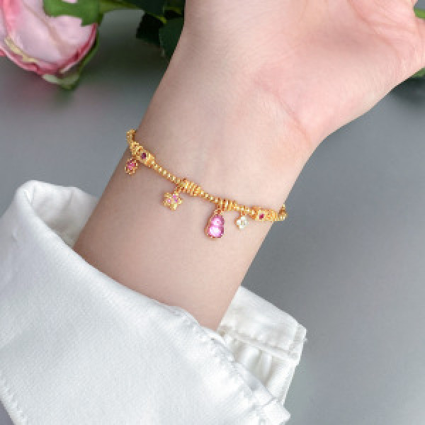 A46325 s925 silver dainty natural tourmaline rhinestone flower square charm bracelet