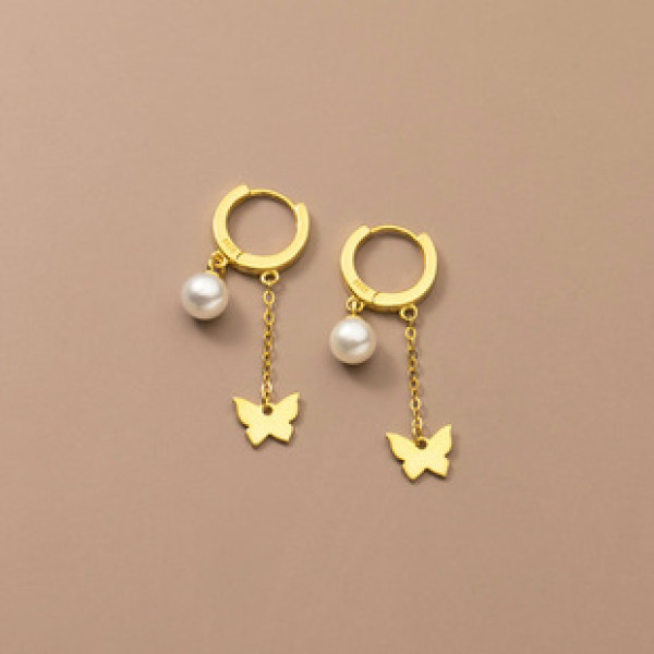 A42679 s925 silver artificial pearl butterfly fringe sweet earrings