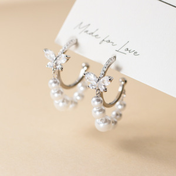 A45457 s925 sterling silver trendy sweet rhinestone butterfly fringe earrings