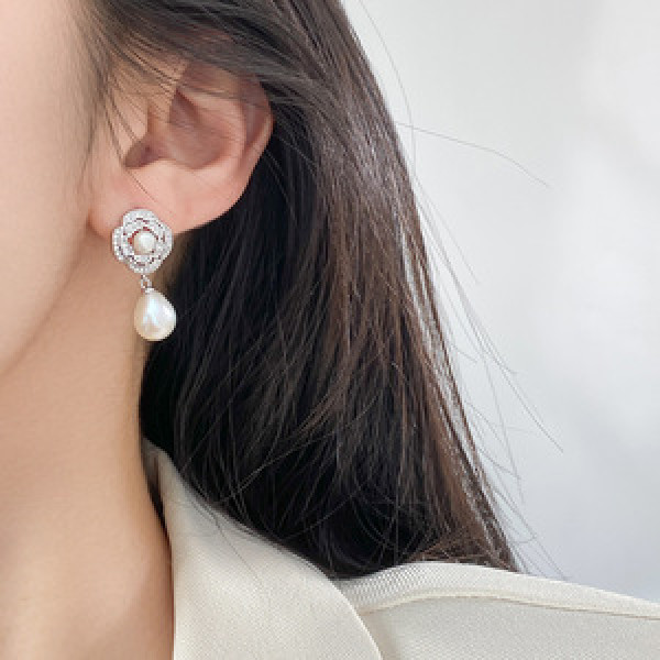 A45736 s925 sterling silver trendy rose natural pearl pendant stud earrings