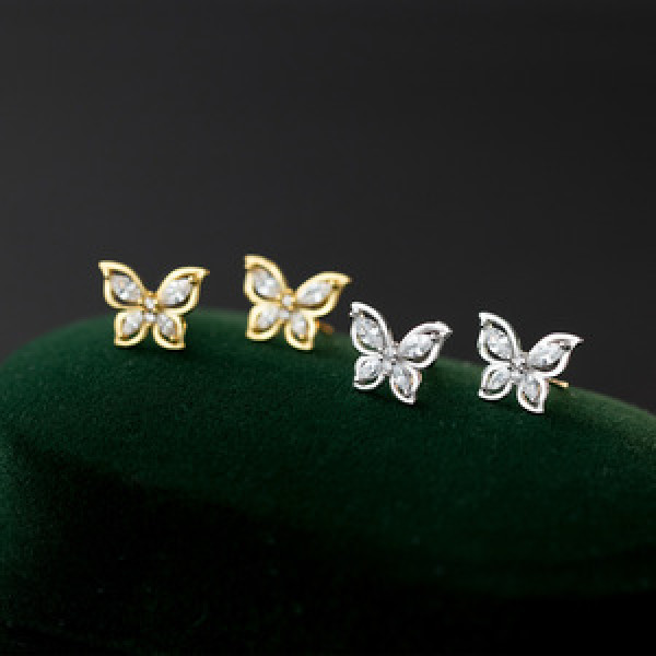 A45453 s925 sterling silver trendy sweet dainty rhinestone butterfly stud earrings