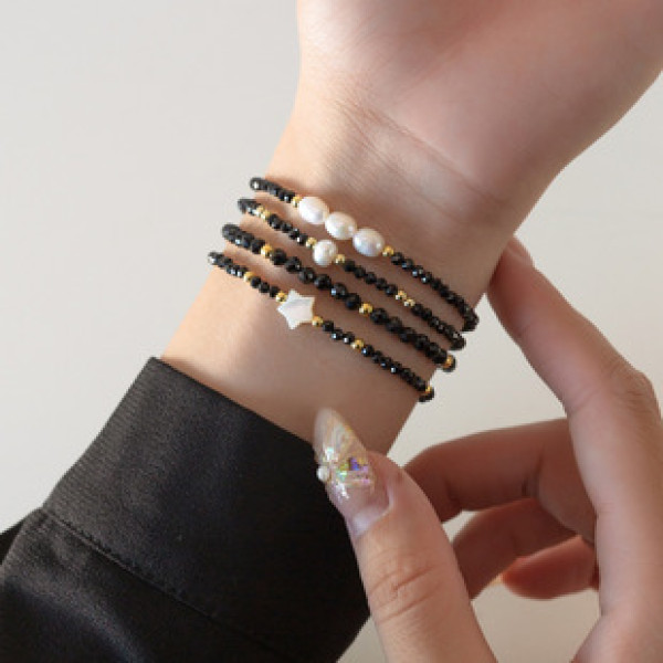 A40193 s925 sterling silver shell stars pearl charm vintage elegant black bracelet