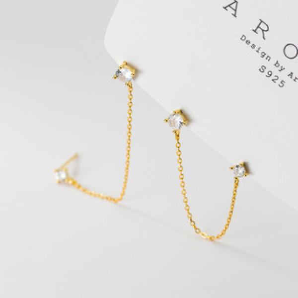 A37335 s925 silver elegant double piercing rhinestone sweet chain bar earrings