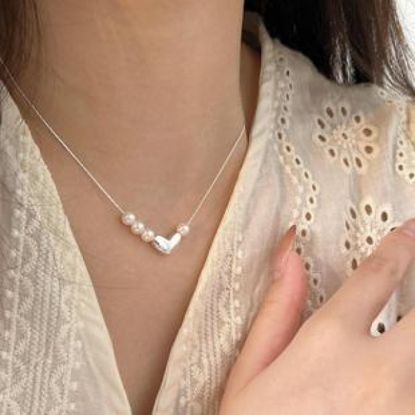A42727 sterling silver pearl heart simple elegant necklace