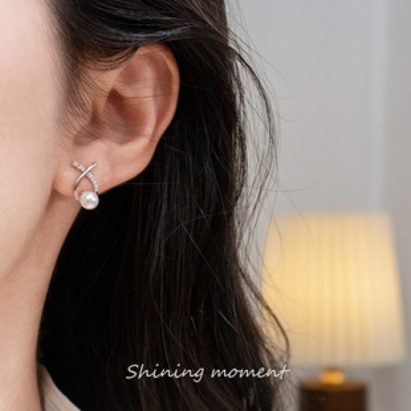 A42821 s925 sterling silver rhinestone pearl stud fashion earrings