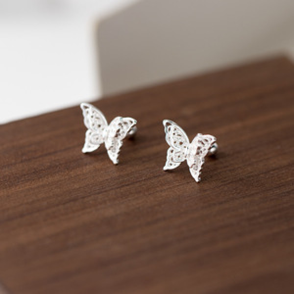 A45459 silver trendy sweet double layered hollowed butterfly stud earrings