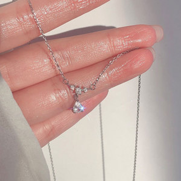 A44902 s925 silver sweet unique simple rhinestone teardrop necklace