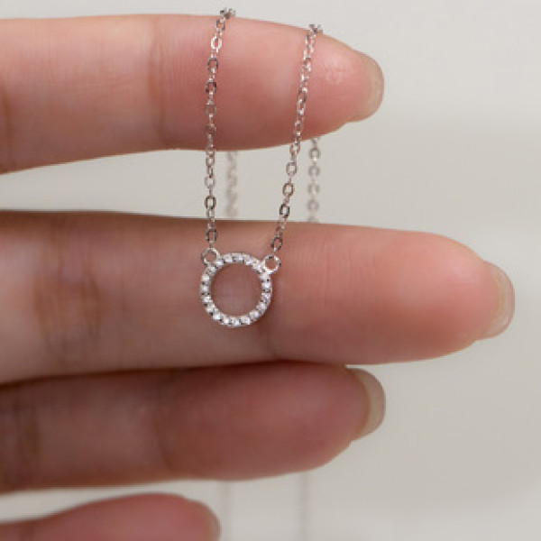 A39127 s925 silver simple rhinestone circle geometric trendy necklace