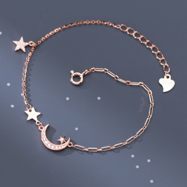 A42472 s925 sterling silver rhinestone stars moon charm sweet trendy bracelet