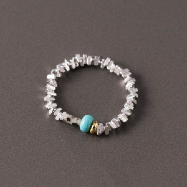 A44621 s925 silver beaded stretchy rope elastic artificial turquoise ring