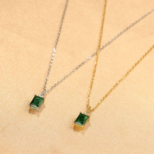 A43824 s925 silver vintage princess square green rhinestone necklace