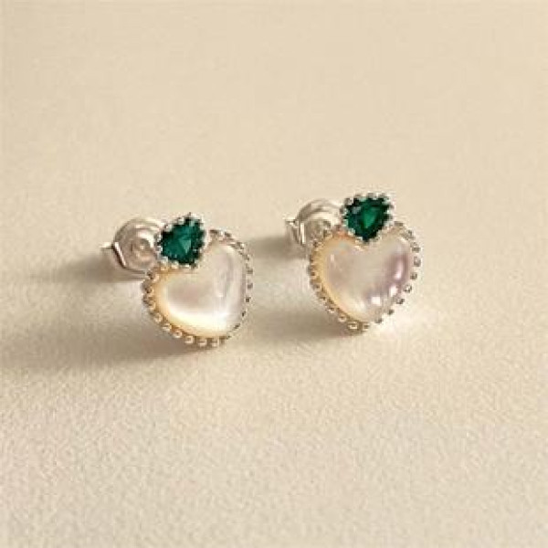A39442 sterling silver green shell stud heart simple fashion earrings