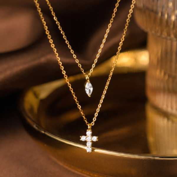 A41981 s925 silver double doublelayer rhinestone simple elegant unique necklace
