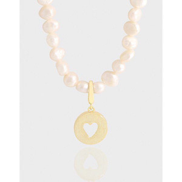 A43654 pink natural pearl heart sterling silver s925 necklace