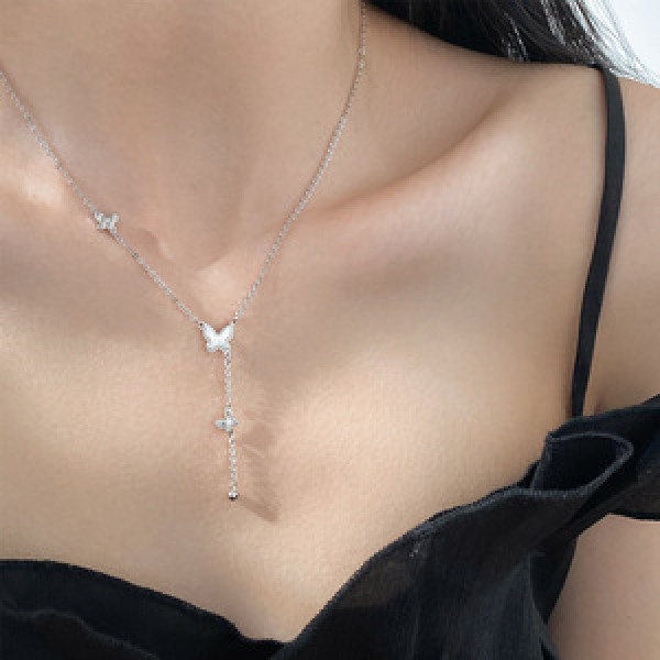 A45868 s925 silver dainty simple butterfly necklace