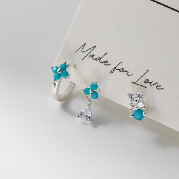 A44480 s925 sterling silver trendy sweet rhinestone green turquoise earrings