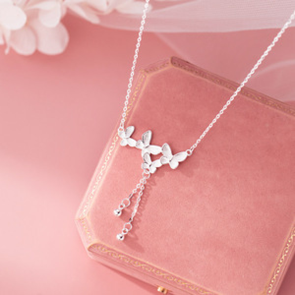 A45936 s925 silver trendy sweet bar stripe butterfly fringe necklace