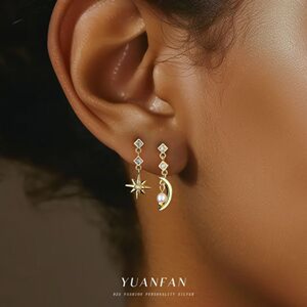 A44447 s925 sterling silver stars moon fringe long stud rhinestone earrings