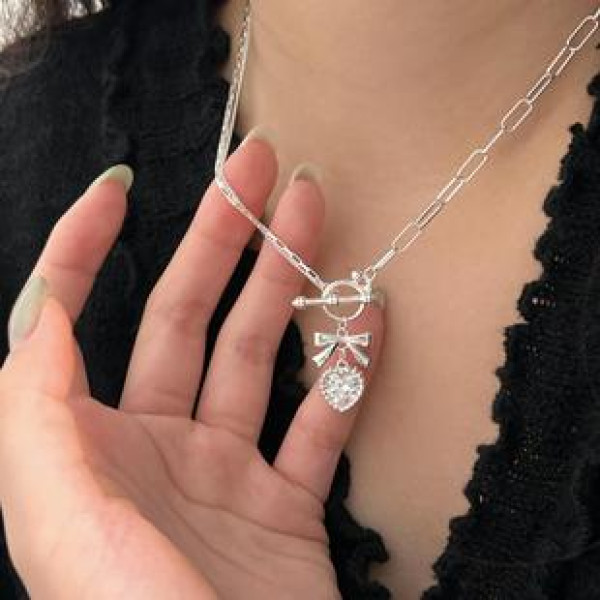 A43224 sterling silver butterfly heart cubic zirconia simple elegant necklace