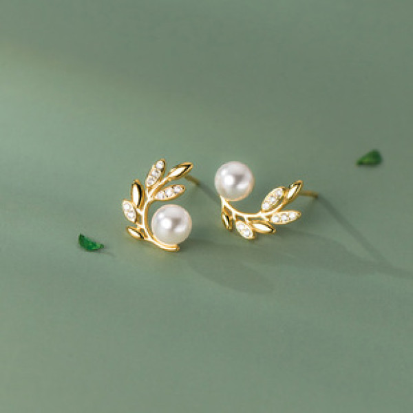 A38244 s925 sterling silver artificial pearl rhinestone tree leaf stud design elegant earrings