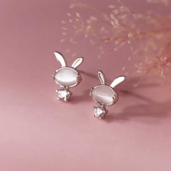 A38072 s925 sterling silver artificial cateye rhinestone rabbit earrings