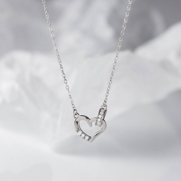 A44379 s925 silver trendy sweet rhinestone heart circle necklace