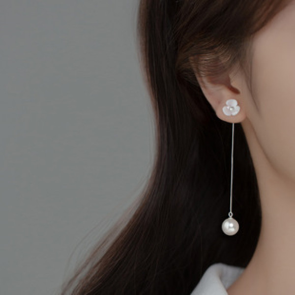 A35507 925 sterling silver shell flower pearl tassel dangle earrings