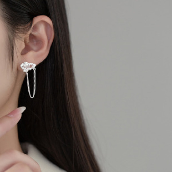 A38291 s925 sterling silver rhinestone wrinkled chain bar design unique earrings