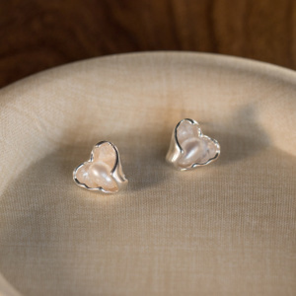 A43832 s925 sterling silver fashion heart pearl stud wrinkled heartshape earrings