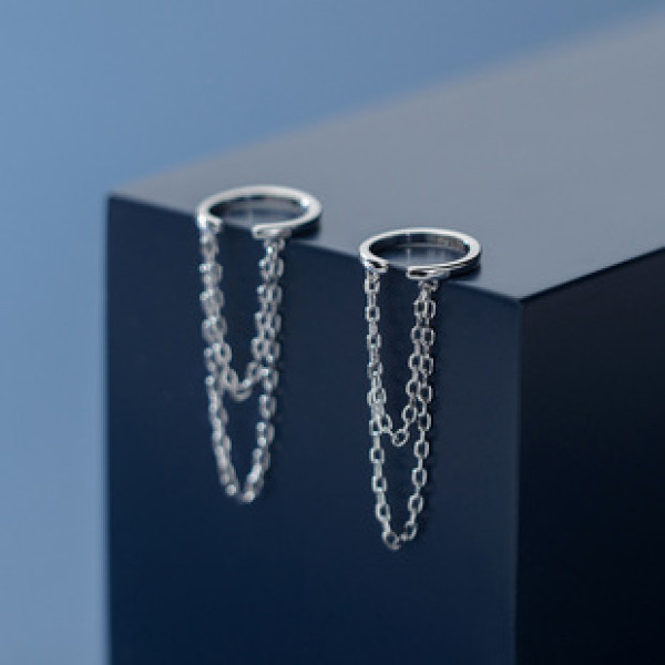A42959 s925 sterling silver clipon circle elegant double layer fringe earrings