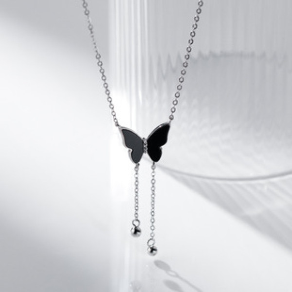 A40238 s925 sterling silver black butterfly fringe grade necklace