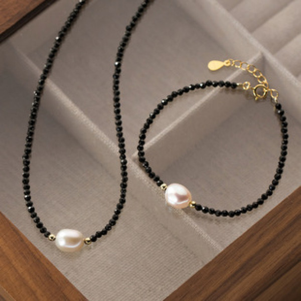 A40176 s925 sterling silver pearl black vintage design necklace