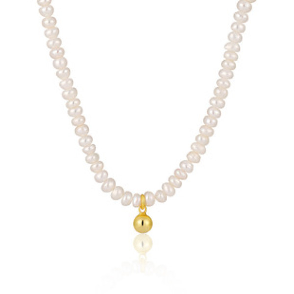 A43346 natural fresh water pearl sterling silver elegant simple ball necklace