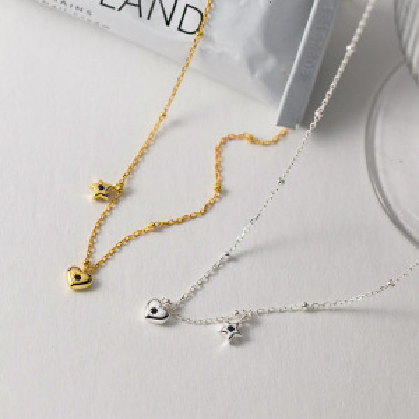A43860 s925 sterling silver sweet simple rhinestone heart stars necklace