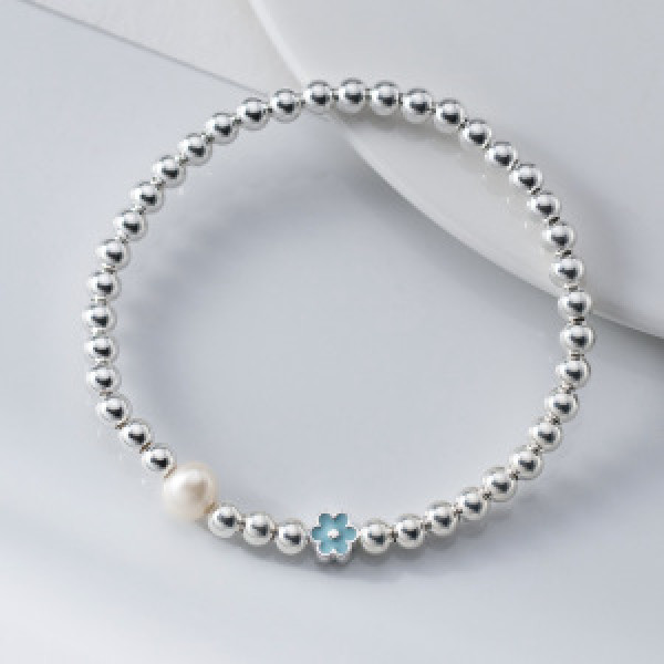 A46353 s925 silver simple blue flower pearl charm bracelet