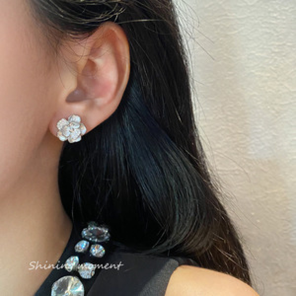A45964 s925 sterling silver sweet rhinestone matte finish double layered earrings