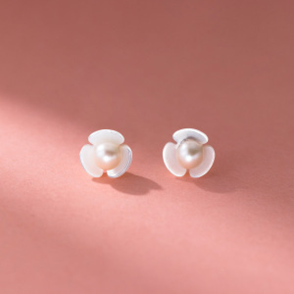 A44744 s925 sterling silver trendy sweet dainty pearl shell stud earrings
