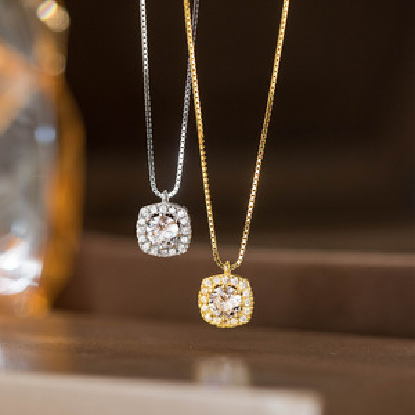 A44400 s925 silver trendy sweet unique rhinestone square necklace