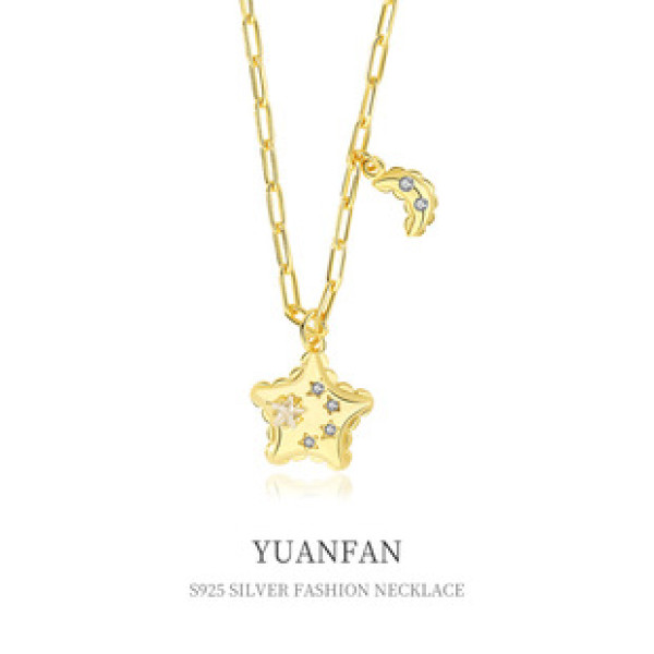 A38591 sterling silver cubic zirconia moon stars fashion necklace