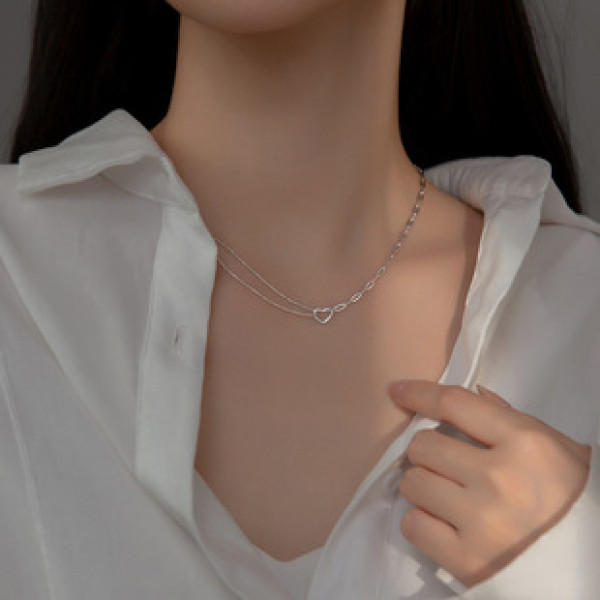 A42177 s925 silver elegant double layered hollowed heart vintage choker necklace