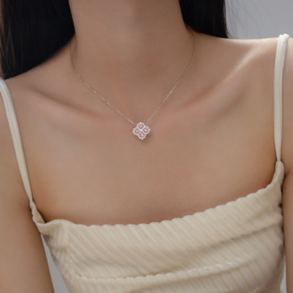 A39757 s925 sterling silver pink rhinestone trendy sweet necklace