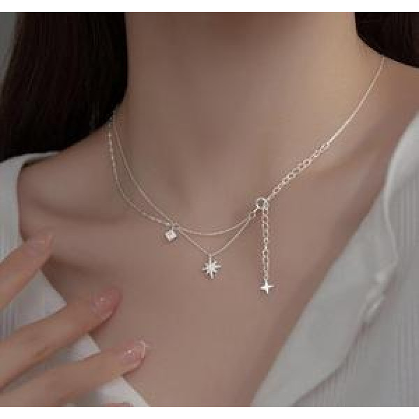 A45374 s925 sterling silver cubic zirconia double layered elegant necklace